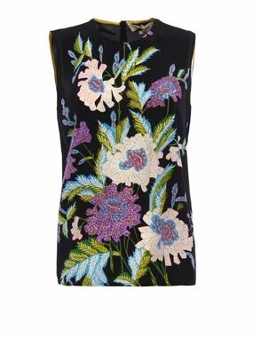 DIANE VON FURSTENBURG DVF 100% Silk Sleeveless Shell Black Floral Top Blouse